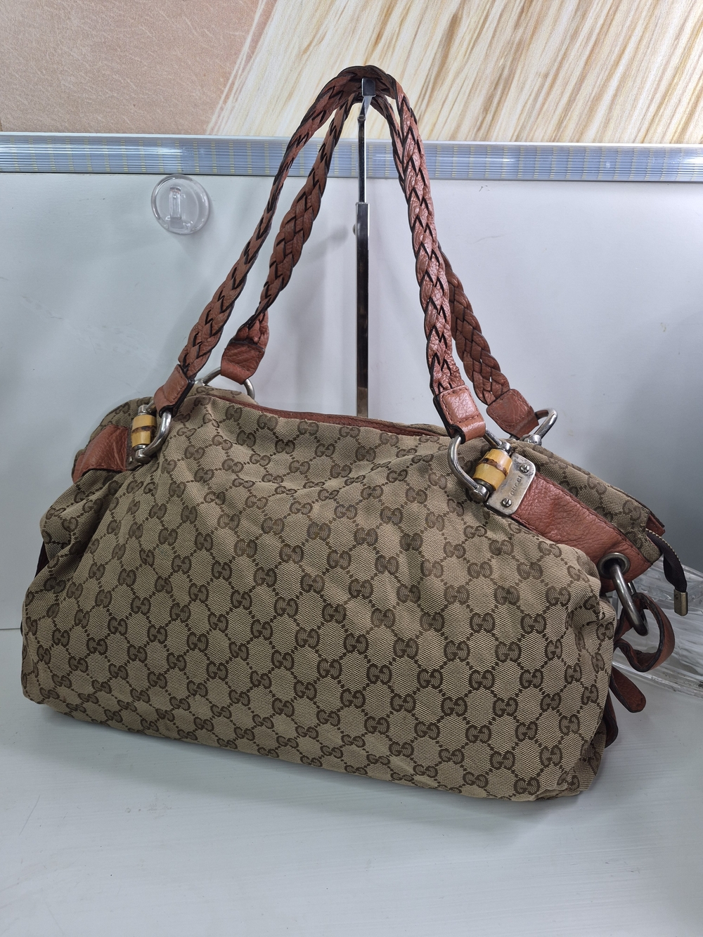 Gucci Beige Brown GG Canvas Shoulder Bag with Braided Leather Handles